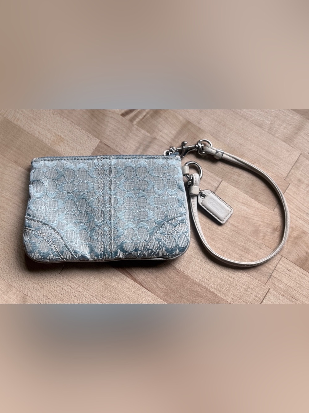 Coach Light Blue Signature Jacquard Wristlet with Cream Strap